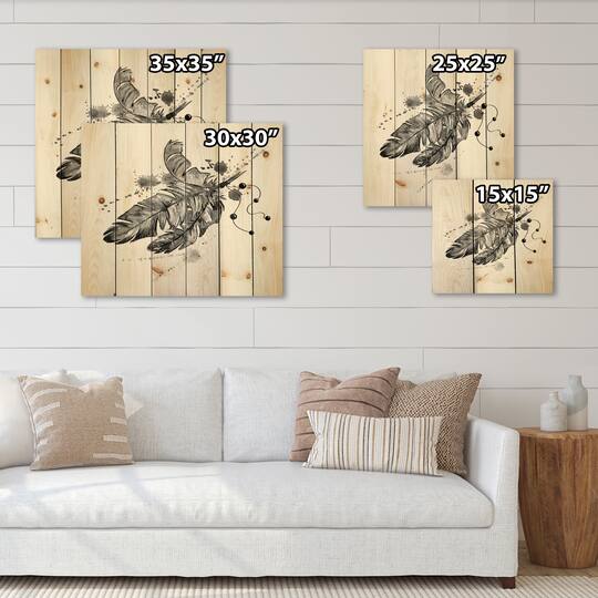 Designart - Black Bird Feathers Impression - Traditional Print on Natural Pine Wood